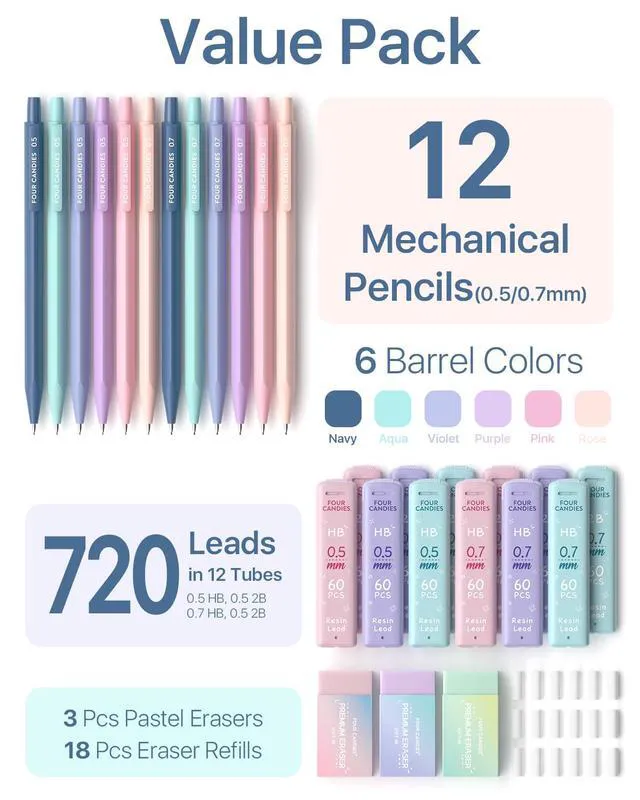 Alt view image 6 of 7 - Cute Mechanical Pencil Set, 0.5mm & 0.7mm Point, 12-Count Pack 720 HB/2B Leads, 3 Erasers, 18 Eraser Refills, Storage Case, Pastel Barrels, Triangular Grip, for Notes & Drawing