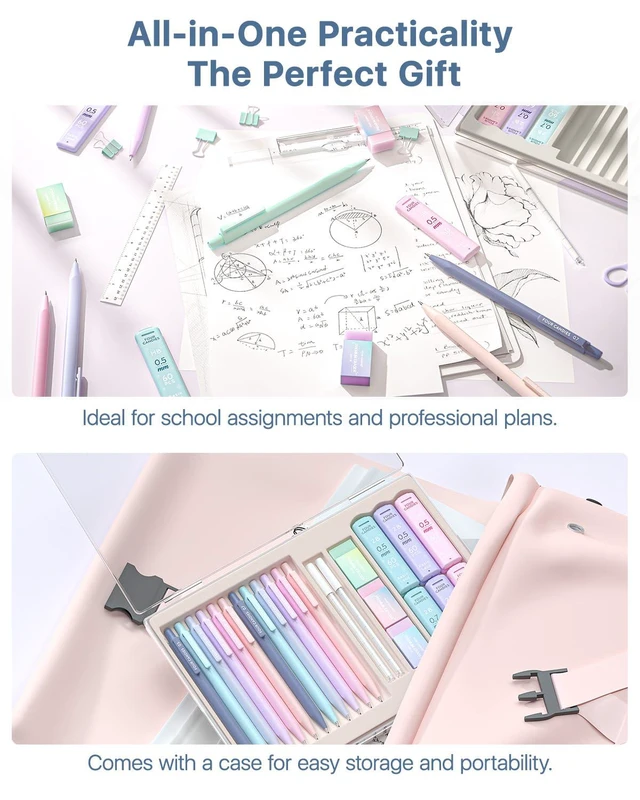 Alt view image 5 of 7 - Cute Mechanical Pencil Set, 0.5mm & 0.7mm Point, 12-Count Pack 720 HB/2B Leads, 3 Erasers, 18 Eraser Refills, Storage Case, Pastel Barrels, Triangular Grip, for Notes & Drawing