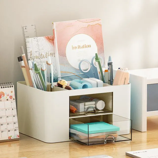 Alt view image 3 of 7 - Pen Organizer with 2 Drawer, Multi-Functional Pencil Holder for Desk, Desk Organizers and Accessories with 5 Compartments + Drawer for Office Art Supplies (Beige)
