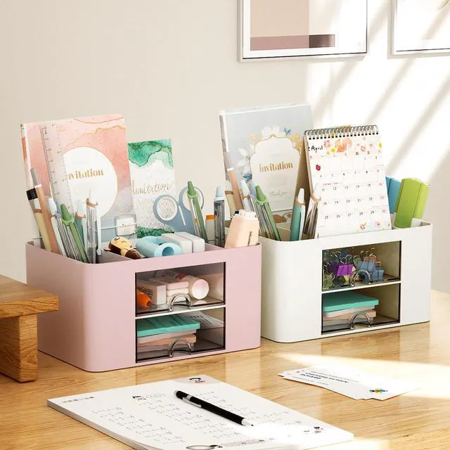 Alt view image 5 of 7 - Pen Organizer with 2 Drawer, Multi-Functional Pencil Holder for Desk, Desk Organizers and Accessories with 5 Compartments + Drawer for Office Art Supplies (Beige)