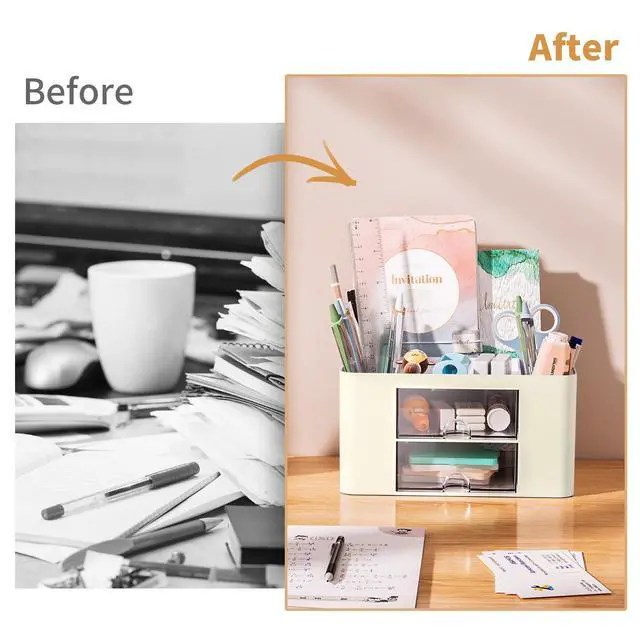 Alt view image 7 of 7 - Pen Organizer with 2 Drawer, Multi-Functional Pencil Holder for Desk, Desk Organizers and Accessories with 5 Compartments + Drawer for Office Art Supplies (Beige)