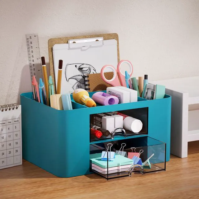 Alt view image 3 of 7 - Pen Organizer with 2 Drawer, Multi-Functional Pencil Holder for Desk, Desk Organizers and Accessories with 5 Compartments + Drawer for Office Art Supplies (Dark Green)