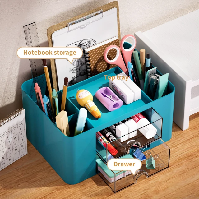 Alt view image 2 of 7 - Pen Organizer with 2 Drawer, Multi-Functional Pencil Holder for Desk, Desk Organizers and Accessories with 5 Compartments + Drawer for Office Art Supplies (Dark Green)