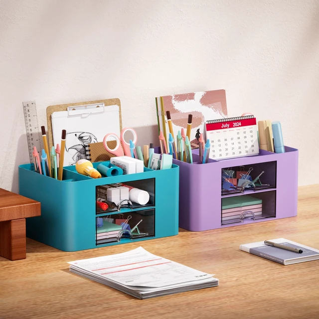 Alt view image 5 of 7 - Pen Organizer with 2 Drawer, Multi-Functional Pencil Holder for Desk, Desk Organizers and Accessories with 5 Compartments + Drawer for Office Art Supplies (Dark Green)