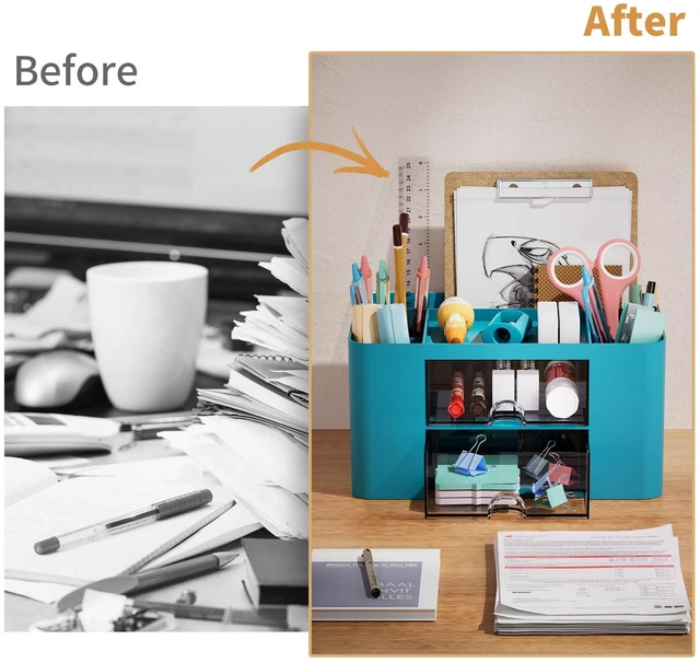 Alt view image 7 of 7 - Pen Organizer with 2 Drawer, Multi-Functional Pencil Holder for Desk, Desk Organizers and Accessories with 5 Compartments + Drawer for Office Art Supplies (Dark Green)