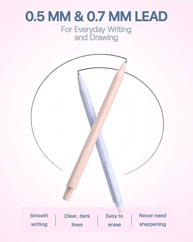 Alt view image 7 of 7 - Cute Mechanical Pencil Set, 0.5mm & 0.7mm Point, 12-Count Pack 720 HB/2B Leads, 3 Erasers, 18 Eraser Refills, Storage Case, Pastel Barrels, Triangular Grip, for Notes & Drawing