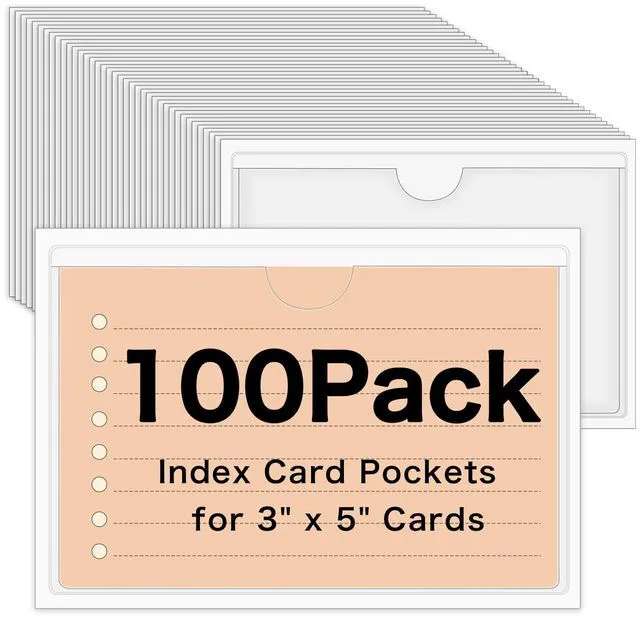 Main image of 100 Pack Self-Adhesive 3" x 5" Index Card Pockets Clear Lables Holder Pvc Clear Pockets, Strong Adhesive, Fits Bins Folders Shelves, Protects Cards Photos Labels