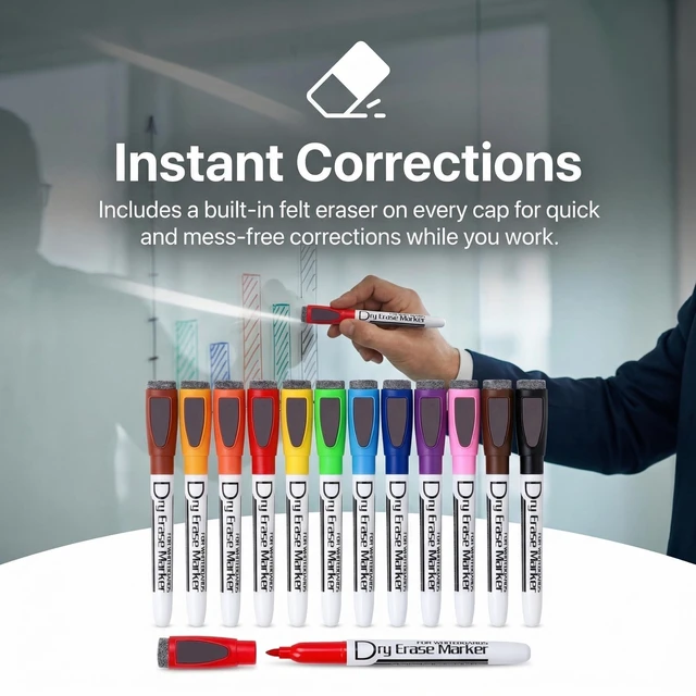 Alt view image 2 of 7 - Magnetic Dry Erase Markers with Eraser, 10 Colors, 24 Pack Fine Tip Whiteboard Markers, Low Odor Dry Erase Pens for Small Whiteboards, Calendars, Glass, Office, School