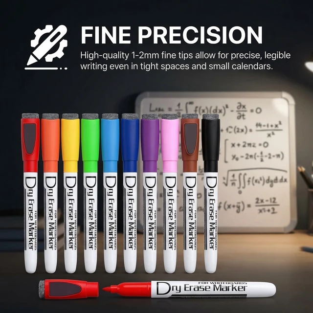 Alt view image 6 of 7 - Magnetic Dry Erase Markers with Eraser, 10 Colors, 24 Pack Fine Tip Whiteboard Markers, Low Odor Dry Erase Pens for Small Whiteboards, Calendars, Glass, Office, School