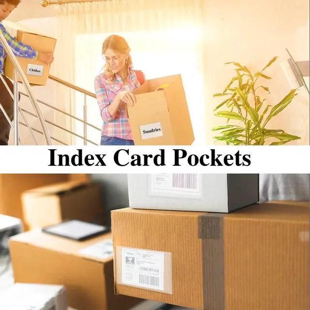 Alt view image 4 of 7 - 100 Pack Self-Adhesive 3" x 5" Index Card Pockets Clear Lables Holder Pvc Clear Pockets, Strong Adhesive, Fits Bins Folders Shelves, Protects Cards Photos Labels