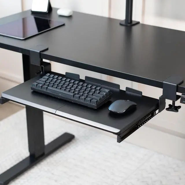 Alt view image 2 of 7 - Black Clamp-on 20 x 11 in Keyboard Tray, MOUNT-KB05ES Small Under Desk Keyboard & Mouse Tray for Typing, Slide Out Platform, Extra Sturdy C-Clamp Mount System, Computer Drawer