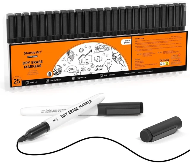 Main image of Dry Erase Markers, 25 Pack Black Magnetic Whiteboard Markers with Erase, Fine Point Dry Erase Markers Perfect for Writing on Dry-Erase Whiteboards Mirrors Glasses for School Office Home