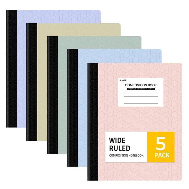 Main image of Composition Notebook, Wide Ruled Paper, 5 Pack, 9-3/4" x 7-1/2", 80 Sheets/160 Pages, Back to School Supplies, Notebooks for School, Office Supplies (Pink, Purple, Blue, Green, Yellow)