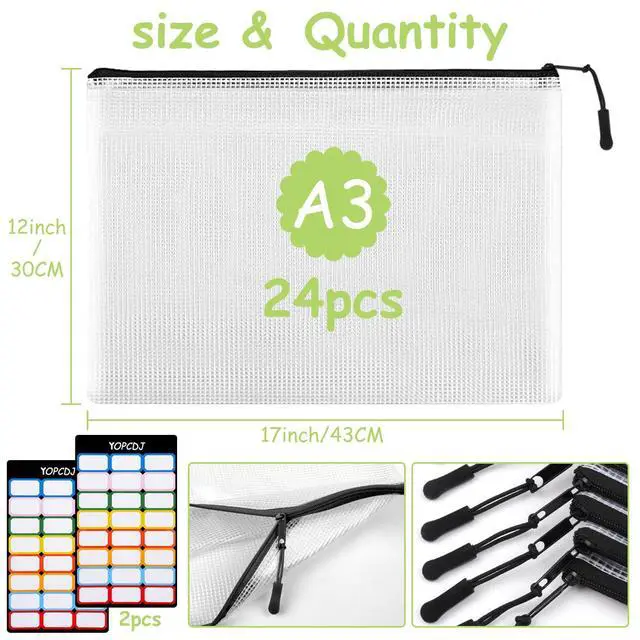 Alt view image 2 of 6 - 24pcs Mesh Zipper Pouches, A3 Size 17 x 12 inches Waterproof Black Zipper Bags, Water-Resistant Plastic Zipper Pouch for School Office Supplies, Puzzles & Games Organizing Storage