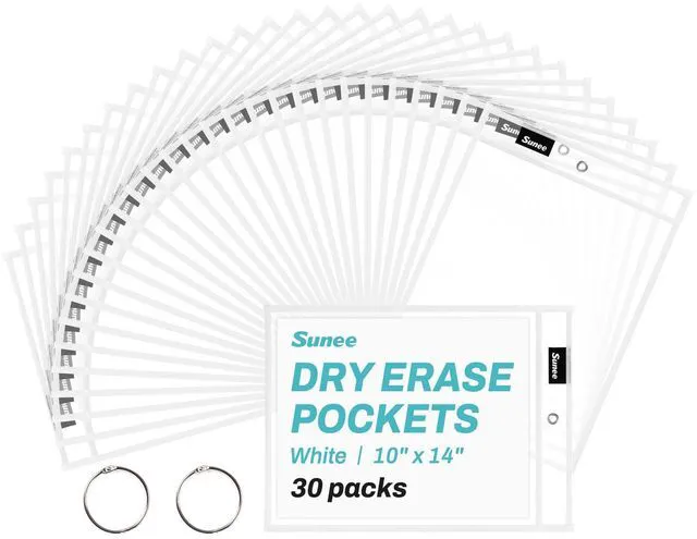 Main image of 30 Packs Oversized Reusable Dry Erase Pocket Sleeves with 2 Rings, White 10x14 Ticket Holders, Clear Plastic Sheet Protectors, Teacher School Classroom Supplies