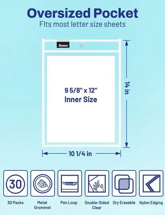 Alt view image 2 of 7 - 30 Packs Oversized Reusable Dry Erase Pocket Sleeves with 2 Rings, White 10x14 Ticket Holders, Clear Plastic Sheet Protectors, Teacher School Classroom Supplies