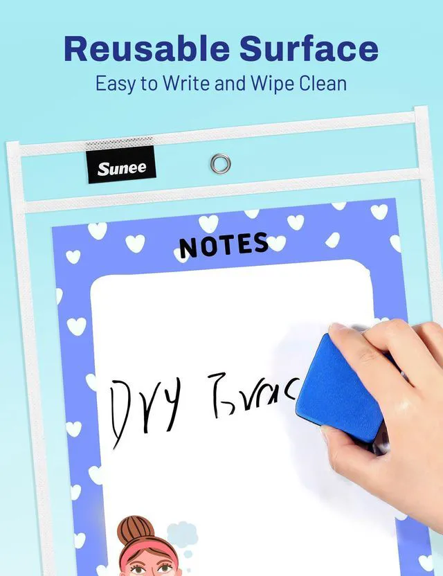 Alt view image 3 of 7 - 30 Packs Oversized Reusable Dry Erase Pocket Sleeves with 2 Rings, White 10x14 Ticket Holders, Clear Plastic Sheet Protectors, Teacher School Classroom Supplies
