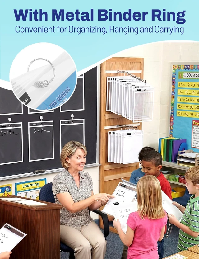 Alt view image 6 of 7 - 30 Packs Oversized Reusable Dry Erase Pocket Sleeves with 2 Rings, White 10x14 Ticket Holders, Clear Plastic Sheet Protectors, Teacher School Classroom Supplies