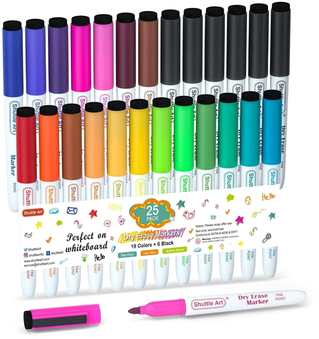Main image of Dry Erase Markers 25 Pack 20 Colors Plus 5 Extra Black Fine Tip Smooth Fine-Point Writing, Clean Dry Wipe Ink, Non-toxic Low-Odor, Perfect for Whiteboards, Classroom & Office Daily Use