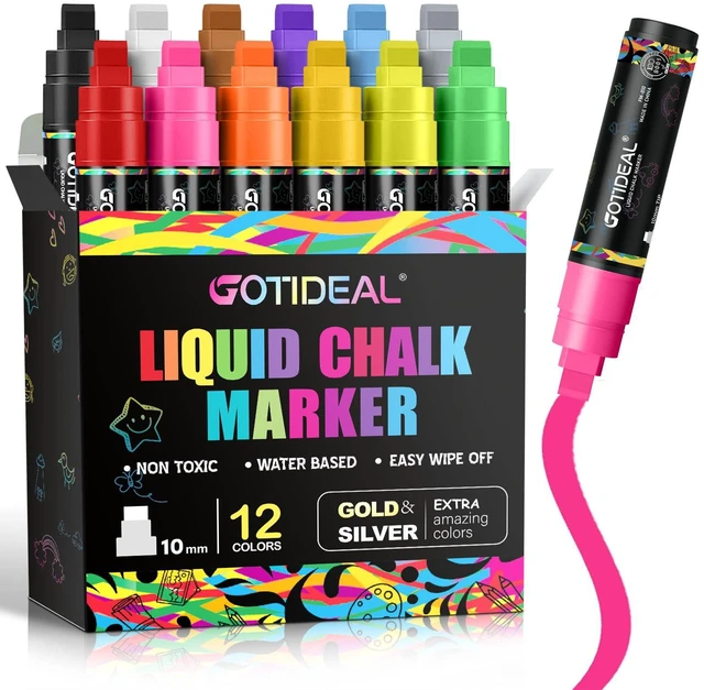 Main image of Window Markers, Jumbo Chalk Markers for Blackboard Washable Car Marker for Chalkboard,Glass Mirrow,10mm Thick Tip 12 Colors With Metallic Colors