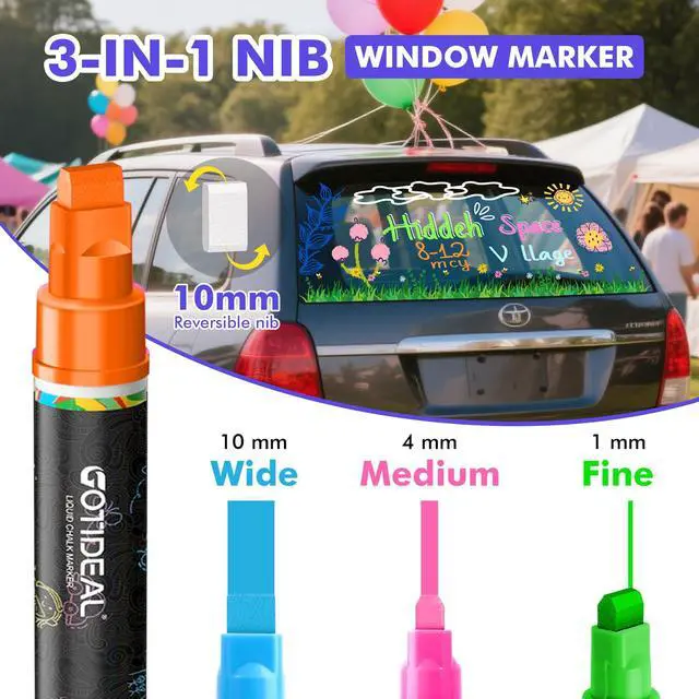 Alt view image 3 of 7 - Window Markers, Jumbo Chalk Markers for Blackboard Washable Car Marker for Chalkboard,Glass Mirrow,10mm Thick Tip 12 Colors With Metallic Colors