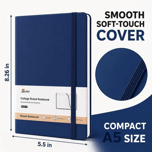 Alt view image 2 of 7 - 6 Pack A5 Hardcover Lined Journal Notebooks, 200 Pages, Navy Blue Each notebook has a soft-touch faux leather cover, lay-flat design, elastic closure, ribbon bookmark and inner pocket