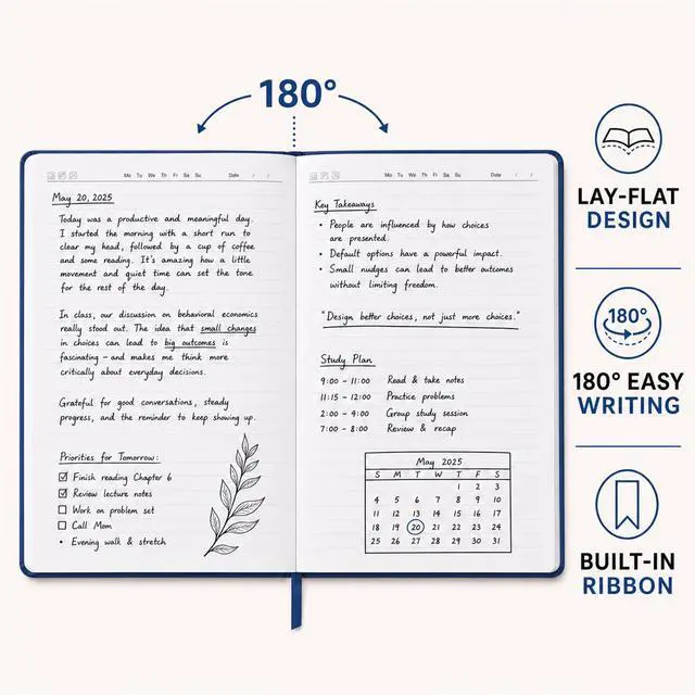 Alt view image 3 of 7 - 6 Pack A5 Hardcover Lined Journal Notebooks, 200 Pages, Navy Blue Each notebook has a soft-touch faux leather cover, lay-flat design, elastic closure, ribbon bookmark and inner pocket
