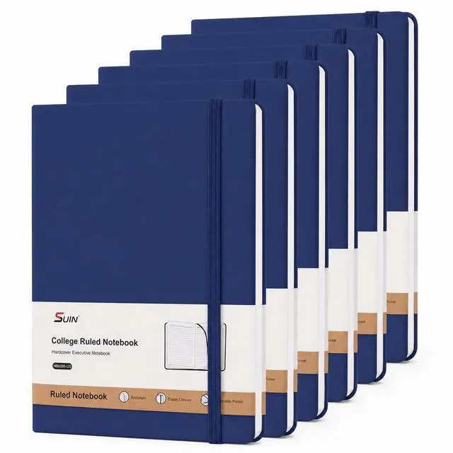 Main image of 6 Pack A5 Hardcover Lined Journal Notebooks, 200 Pages, Navy Blue Each notebook has a soft-touch faux leather cover, lay-flat design, elastic closure, ribbon bookmark and inner pocket