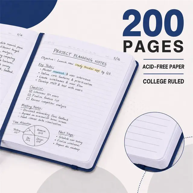 Alt view image 5 of 7 - 6 Pack A5 Hardcover Lined Journal Notebooks, 200 Pages, Navy Blue Each notebook has a soft-touch faux leather cover, lay-flat design, elastic closure, ribbon bookmark and inner pocket
