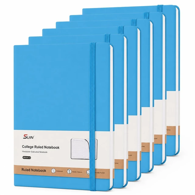 Main image of 6 Pack A5 Hardcover Lined Journal Notebooks, 200 Pages, Light Blue Each notebook has a soft-touch faux leather cover, lay-flat design, elastic closure, ribbon bookmark and inner pocket