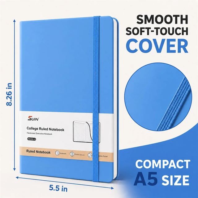 Alt view image 2 of 7 - 6 Pack A5 Hardcover Lined Journal Notebooks, 200 Pages, Light Blue Each notebook has a soft-touch faux leather cover, lay-flat design, elastic closure, ribbon bookmark and inner pocket