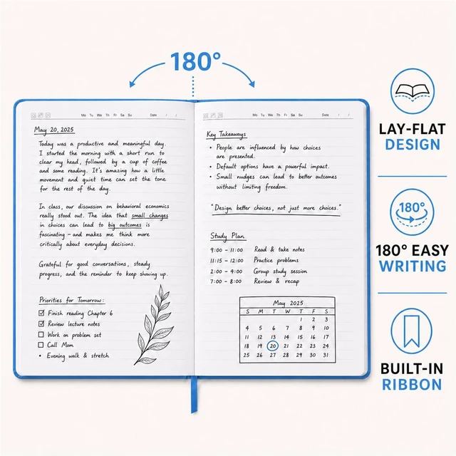 Alt view image 3 of 7 - 6 Pack A5 Hardcover Lined Journal Notebooks, 200 Pages, Light Blue Each notebook has a soft-touch faux leather cover, lay-flat design, elastic closure, ribbon bookmark and inner pocket