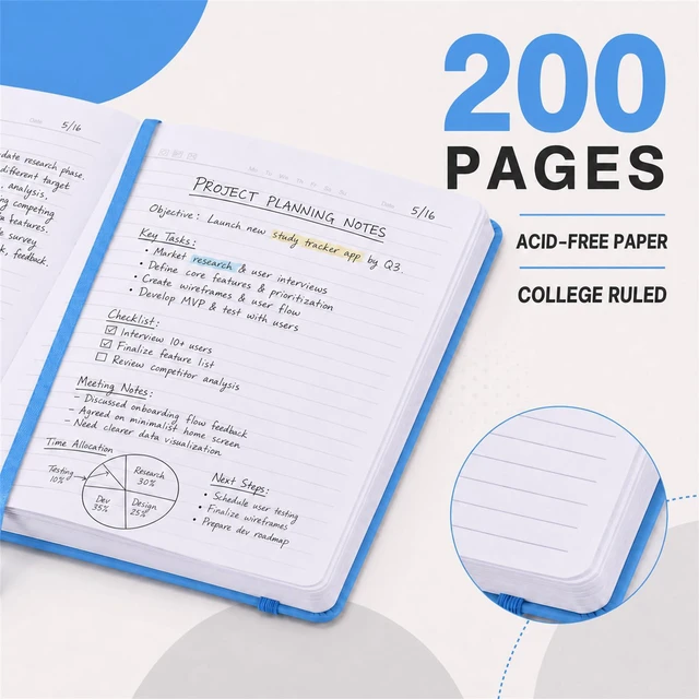 Alt view image 5 of 7 - 6 Pack A5 Hardcover Lined Journal Notebooks, 200 Pages, Light Blue Each notebook has a soft-touch faux leather cover, lay-flat design, elastic closure, ribbon bookmark and inner pocket