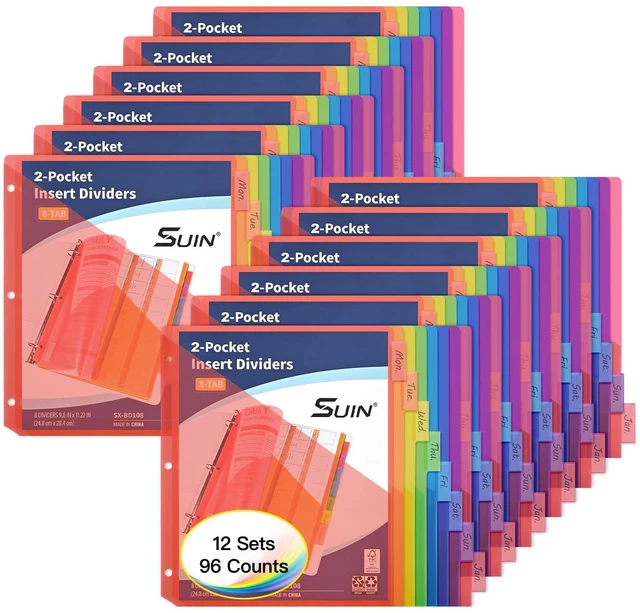 Main image of 8-Tab Insertable Binder Dividers with Double Pockets - Translucent Plastic Page Separators for 3 Ring Binder, Front & Back Storage, Durable Poly, Letter Size, Rainbow Colors, 12-Pack