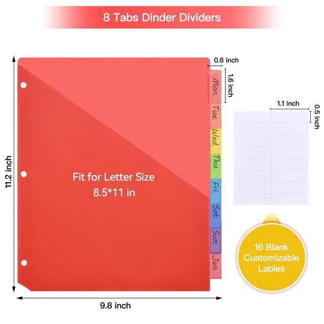 Alt view image 2 of 7 - 8-Tab Insertable Binder Dividers with Double Pockets - Translucent Plastic Page Separators for 3 Ring Binder, Front & Back Storage, Durable Poly, Letter Size, Rainbow Colors, 12-Pack