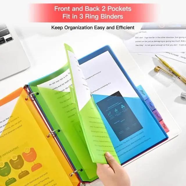 Alt view image 3 of 7 - 8-Tab Insertable Binder Dividers with Double Pockets - Translucent Plastic Page Separators for 3 Ring Binder, Front & Back Storage, Durable Poly, Letter Size, Rainbow Colors, 12-Pack