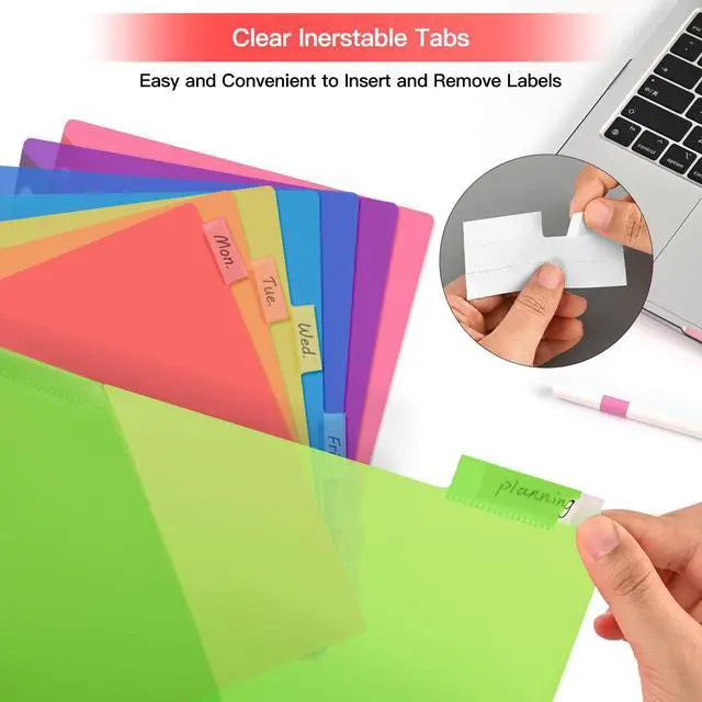 Alt view image 5 of 7 - 8-Tab Insertable Binder Dividers with Double Pockets - Translucent Plastic Page Separators for 3 Ring Binder, Front & Back Storage, Durable Poly, Letter Size, Rainbow Colors, 12-Pack