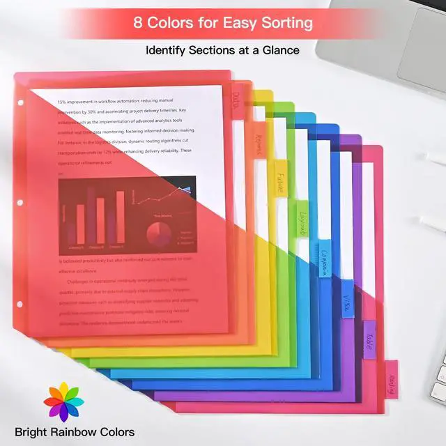 Alt view image 6 of 7 - 8-Tab Insertable Binder Dividers with Double Pockets - Translucent Plastic Page Separators for 3 Ring Binder, Front & Back Storage, Durable Poly, Letter Size, Rainbow Colors, 12-Pack