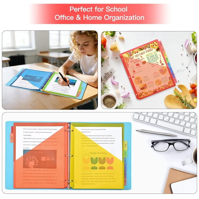 Alt view image 7 of 7 - 8-Tab Insertable Binder Dividers with Double Pockets - Translucent Plastic Page Separators for 3 Ring Binder, Front & Back Storage, Durable Poly, Letter Size, Rainbow Colors, 12-Pack