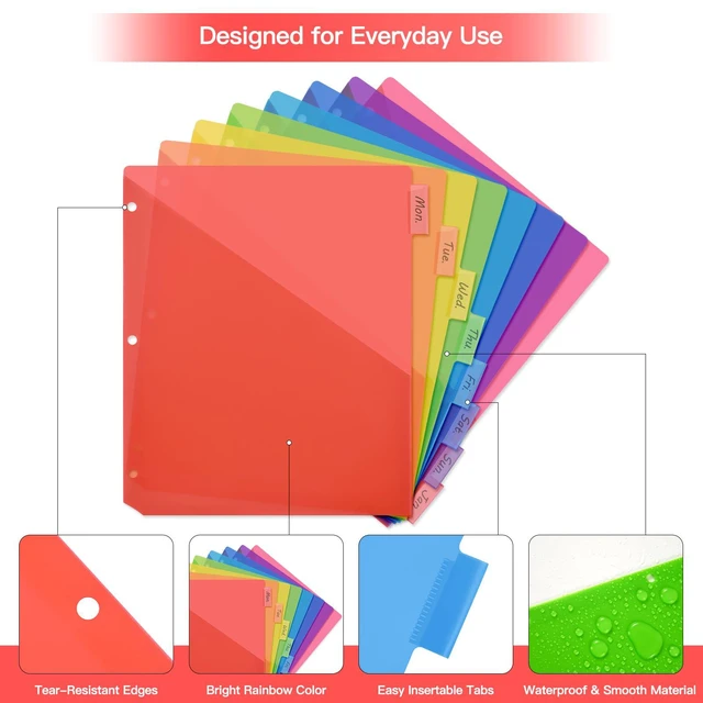Alt view image 4 of 7 - 8-Tab Insertable Binder Dividers with Double Pockets - Translucent Plastic Page Separators for 3 Ring Binder, Front & Back Storage, Durable Poly, Letter Size, Rainbow Colors, 12-Pack