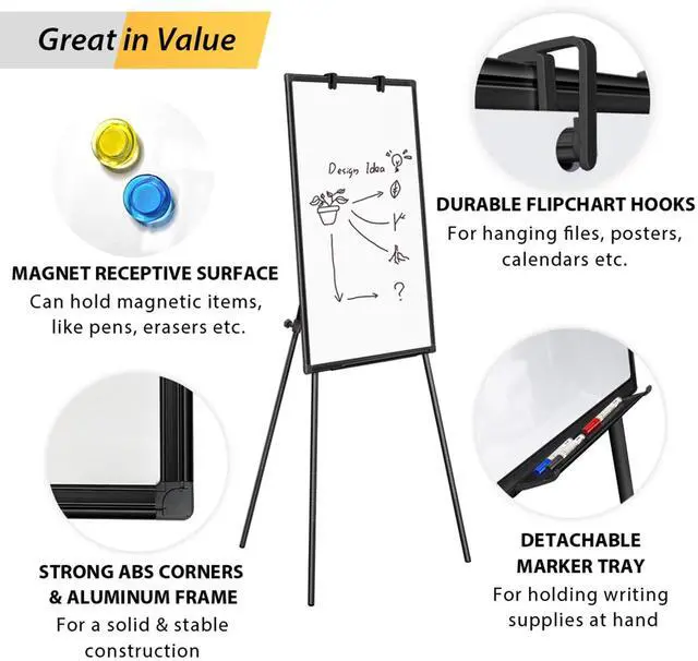 Alt view image 5 of 7 - Easel Whiteboard 36 x 24, Stand Tripod with Height Adjustable, Black 3' x 2' Magnetic Dry Erase Surface, Flipchart Stand, Portable Tripod Easel for Office, Teaching, Home and Classroom