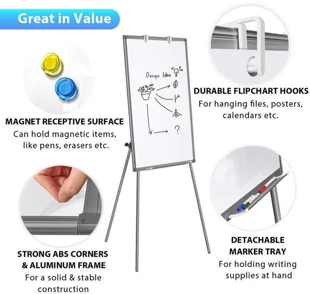 Alt view image 4 of 7 - Easel Whiteboard 36 x 24, Stand Tripod with Height Adjustable, Gray 3' x 2' Magnetic Dry Erase Surface, Flipchart Stand, Portable Tripod Easel for Office, Teaching, Home and Classroom