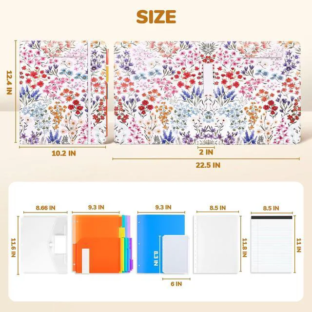 Alt view image 2 of 7 - 3 Ring Binder Clipboard with Storage, 5 Folders, Flower 3 ring clipboard portfolio combines five expandable folders, a refillable letter-size notepad and storage