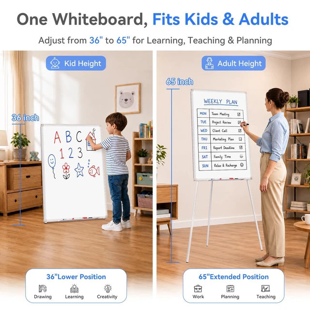 Alt view image 3 of 7 - Easel Whiteboard 36 x 24 in, Stand Tripod with Height Adjustable 3' x 2' Magnetic Dry Erase Surface, Flipchart Stand, Portable Tripod Easel for Office, Teaching, Home and Classroom
