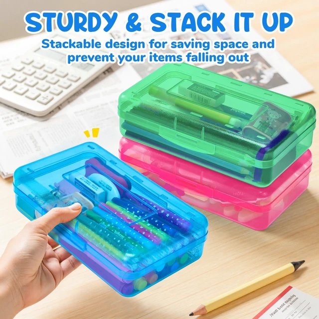 Alt view image 5 of 7 - Plastic Pencil Box with Snap-tight Lid, (Blue/Green/Pink) 6Pack Kid Hard Pencil Case,Small Art Craft Storage Containers,School Supplies Box for Boys,Girls