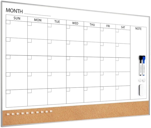 Main image of Dry Erase Calendar with Cork Board for Wall 36"x 24" Magnetic Calendar Whiteboard with Silver Frame, Monthly Combination Board for School, Home, Office
