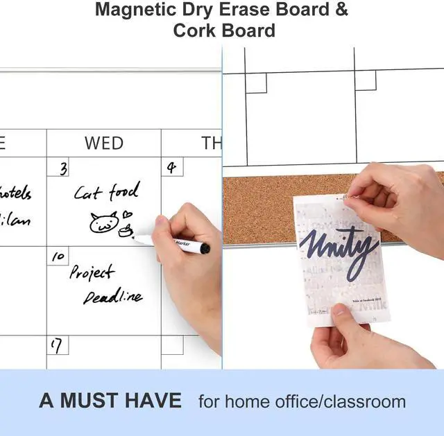 Alt view image 2 of 7 - Dry Erase Calendar with Cork Board for Wall 36"x 24" Magnetic Calendar Whiteboard with Silver Frame, Monthly Combination Board for School, Home, Office