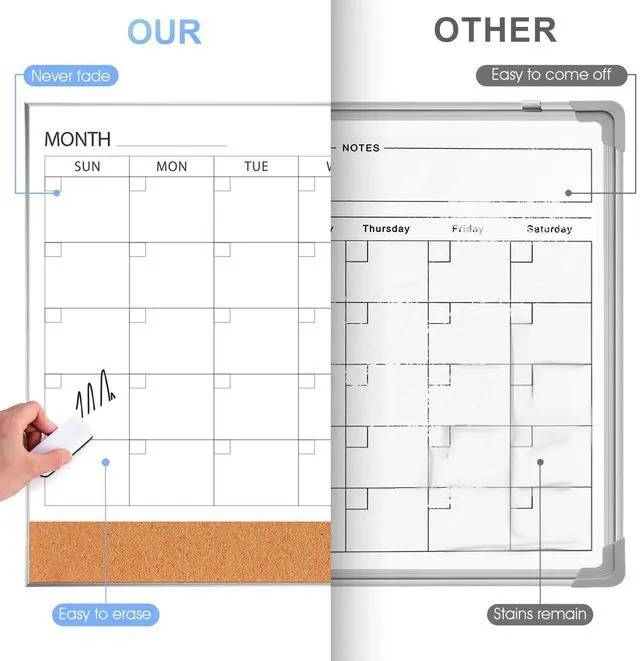 Alt view image 4 of 7 - Dry Erase Calendar with Cork Board for Wall 36"x 24" Magnetic Calendar Whiteboard with Silver Frame, Monthly Combination Board for School, Home, Office