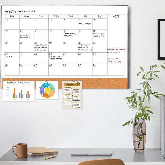 Alt view image 5 of 7 - Dry Erase Calendar with Cork Board for Wall 36"x 24" Magnetic Calendar Whiteboard with Silver Frame, Monthly Combination Board for School, Home, Office
