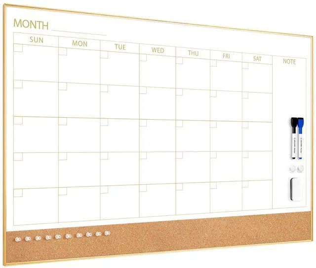 Main image of Dry Erase Calendar Whiteboard Cork Board Combo 36"x24" Magnetic White Board Calendar Dry Erase for Wall, Gold Frame Monthly Combination Board for Office, Home, School